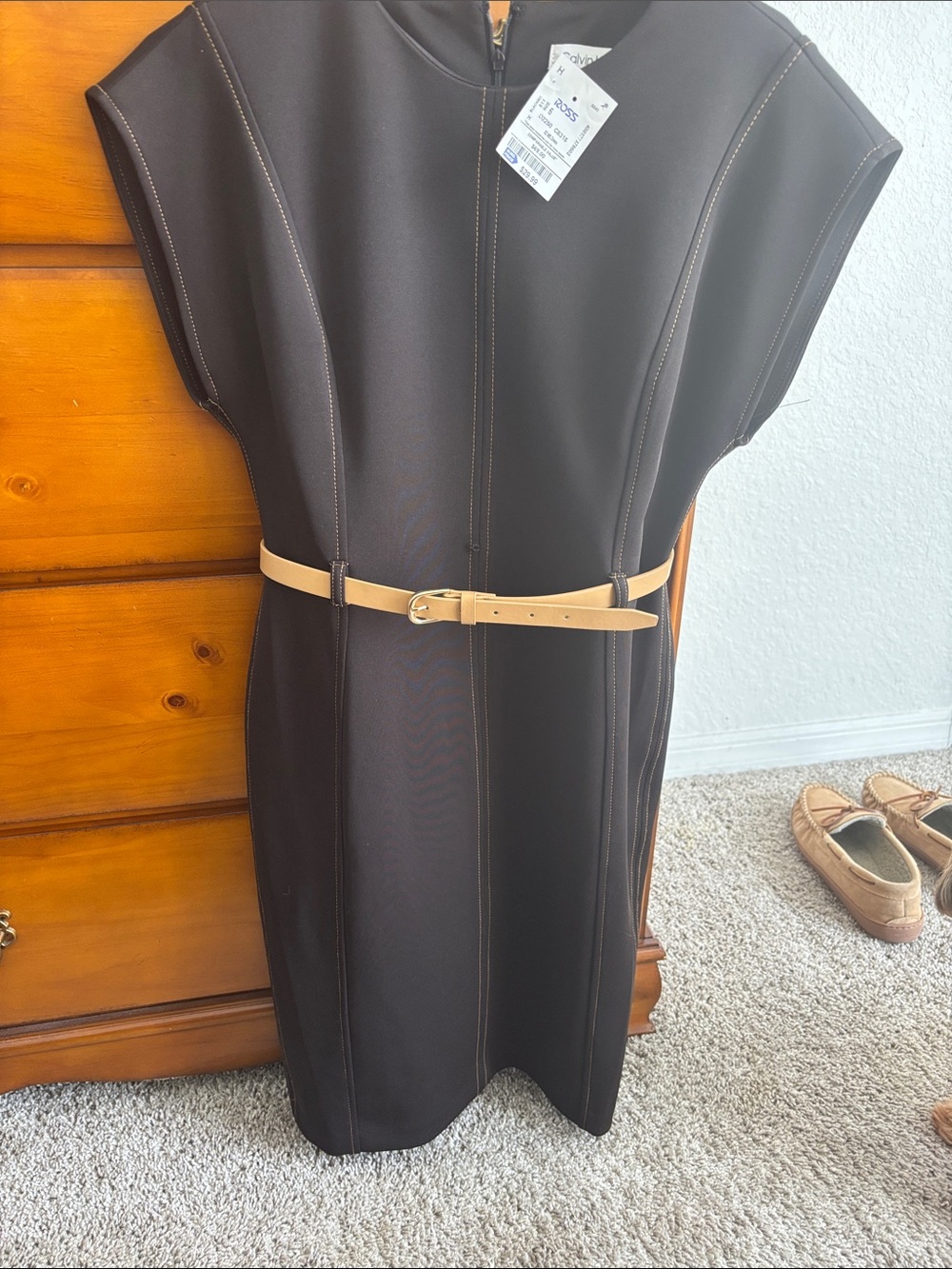 Calvin Klein Black Midi Sheath Dress with Tan Belt